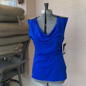 Cocoon royal blue top with silver gems embellished shoulders & cowl neck - NEW